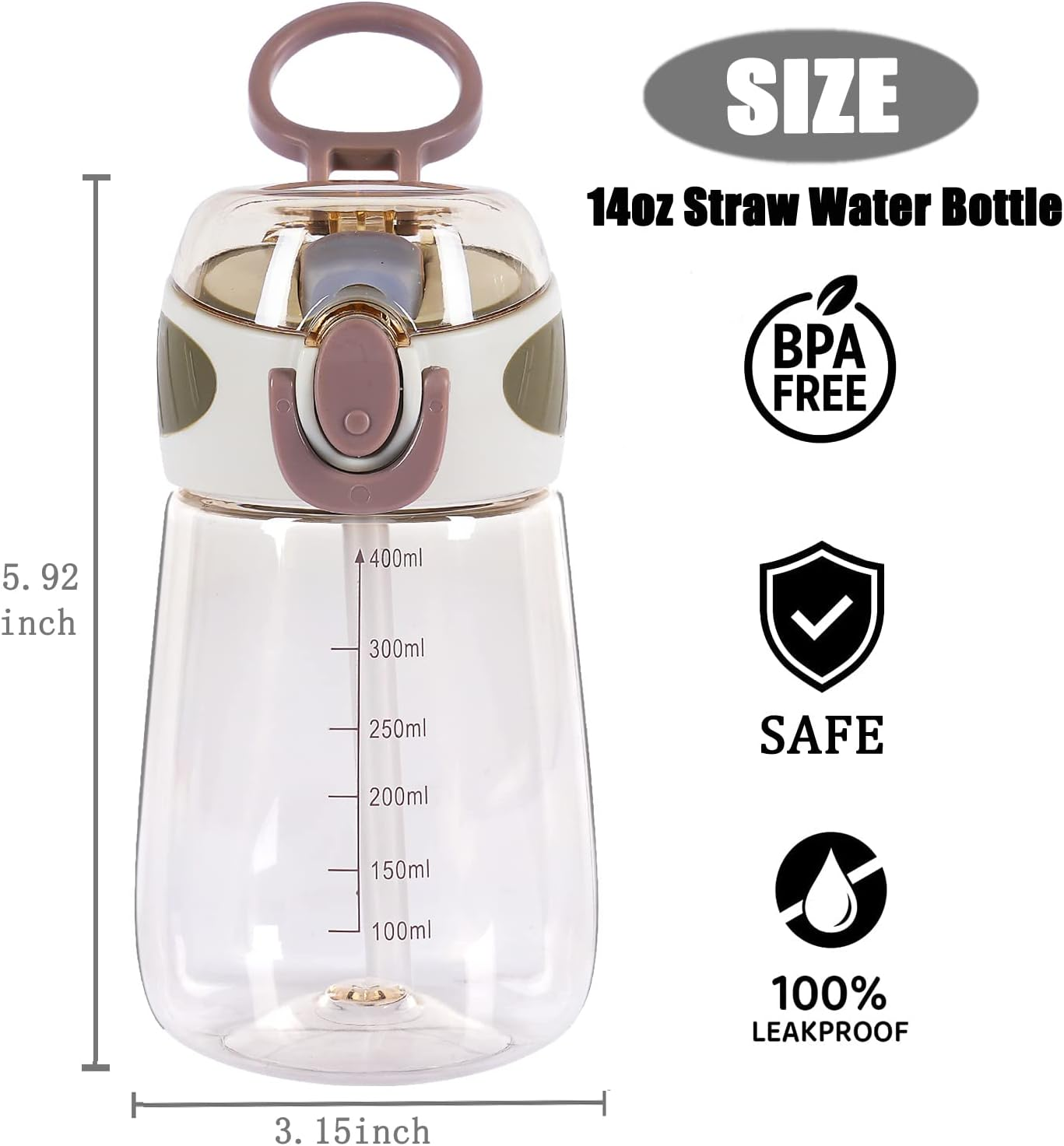 YOBOKO Water Bottle with Straw BPA Free Lightweight 14Oz Water Drinking Bottle with Handle Wide Mouth Leak Proof Cute Straw Bottle for Boys Girls Adults (Grey.)