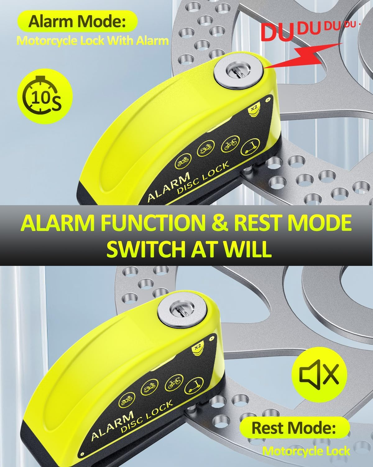 ONVIAN Rechargeable Motorcycle Lock with 6FT Steel Wire Anti-Theft Cable, 120Db Motorcycle Alarm with Rest Mode, for 7Mm Pin Ebike Electric Scooter Motorcycle Moped Disc Brake (Lemon Yellow)&hellip; image number 6