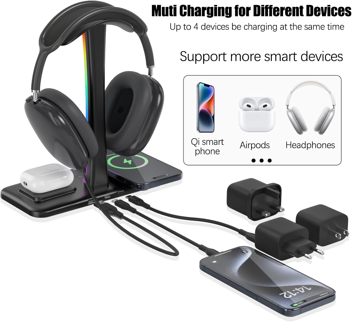 Headphone Stand with Wireless Charger,Gaming Headset Stand with RGB Light Mode,Airpod Max Stand Compatible with Airpod Pro/3/2,Iphone 16/15/14/13/12/11,Samsung,Gifts for Gamers & Music Lover (Black) - Black image number 4
