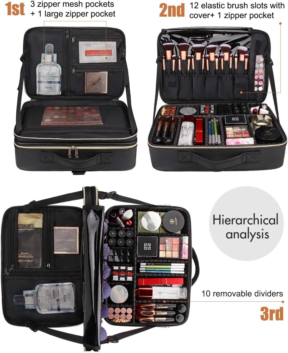 Samtour Makeup Train Case Cosmetic Bag Professional Brush Organizer and Storage Travel Make up Artist Box 3 Layer Large Capacity with Adjustable Strap (Leather Black, Large) image number 5