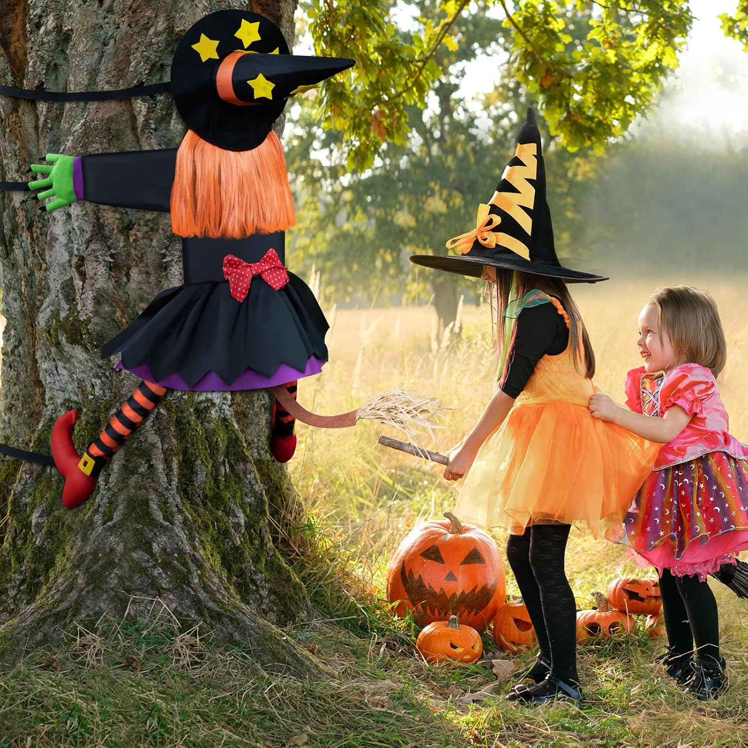 40Inch Crashing Witch Halloween Outdoor Decorations, Funny Witch Flying into Tree, Flying Witches with Adjustable Band, Hanging Props Ornaments for Yard, Porch, Patio Halloween Outdoor Decor image number 3