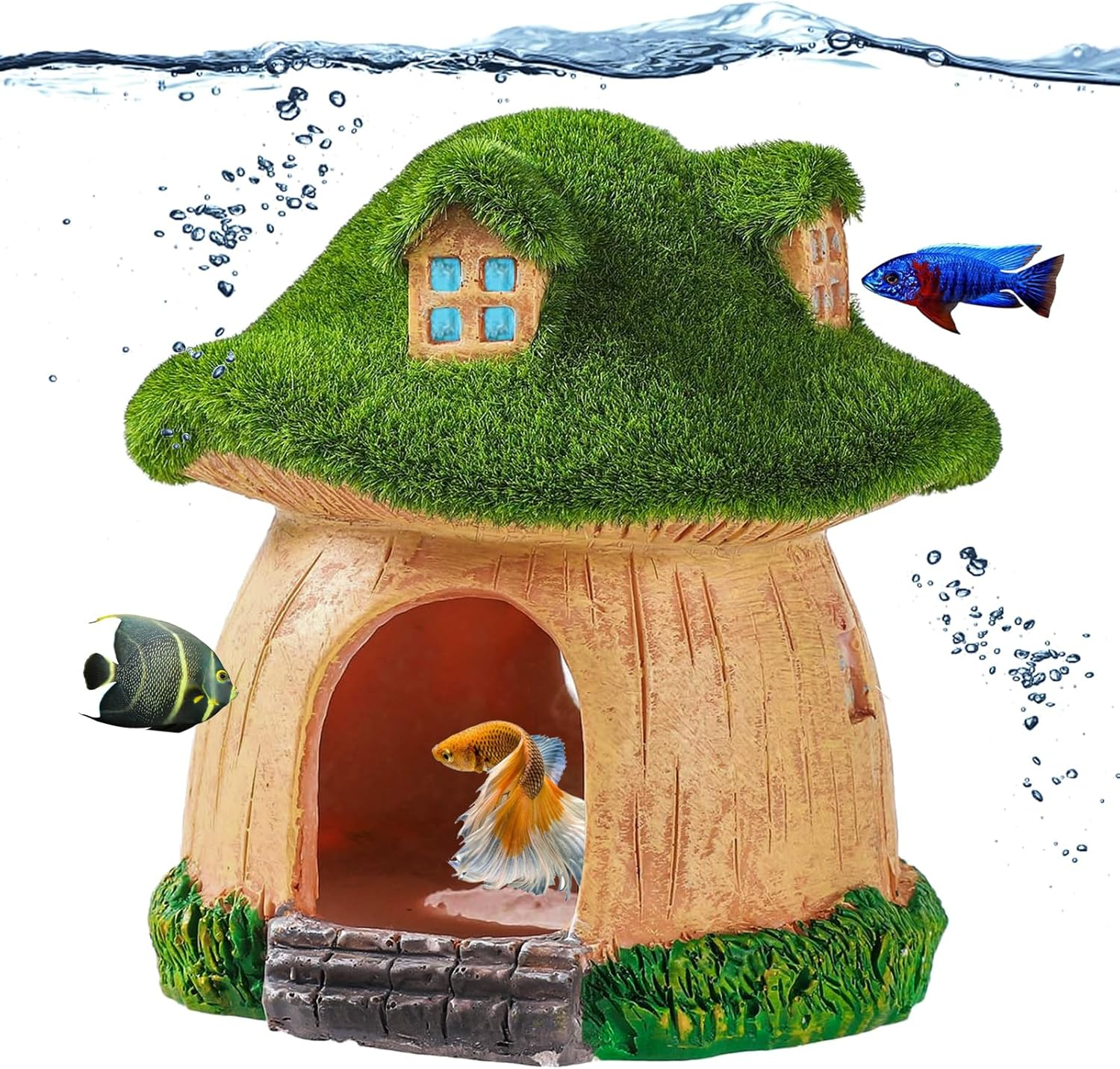 Fish House for Aquarium,Resin Fish Tank Decoration,Mushroom House Fish Cave Shrimp Hideout Shelter with Lifelike Moss,Reptiles Fish and Shrimp Shelter Landscape Cave Decor image number 5