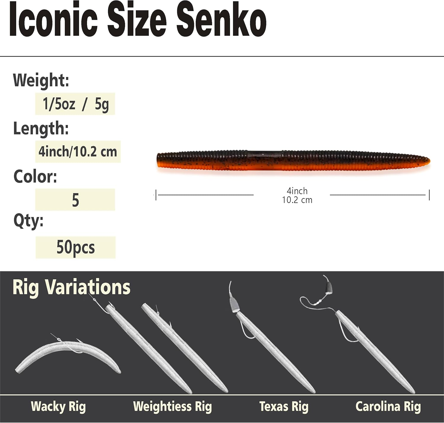 Senko Worms for Bass Fishing, 4.1'' Wacky Worms, Reaction Lure, 50PCS Soft Plastic Bait for Ned Rig, Fishing Lure Kit for Freshwater Bass image number 1