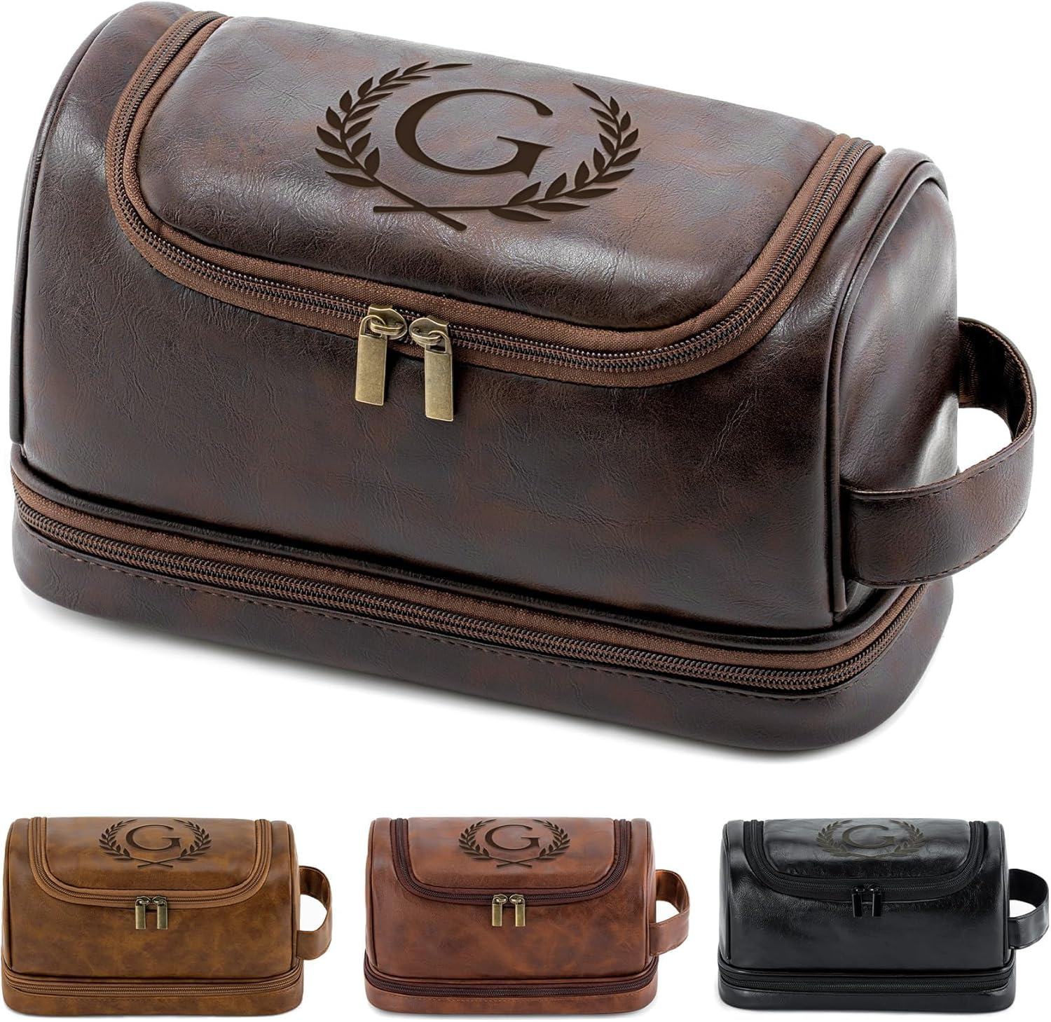 Aganmi Personalized Gifts Travel Toiletry Bag for Men Him, Laser-Engraved Initial PU Leather Waterproof Shaving Bag Christmas Birthday Gift for Men Dad Husband Boyfriend Groomsmen, Black M