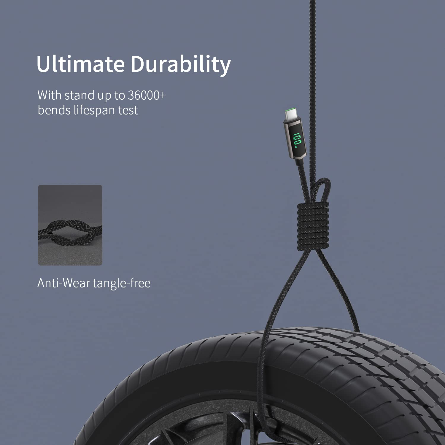 Soopii 100W USB C Cable, 6.6FT Nylon Braided USB C to USB C Cable, Fast Charging Type-C Cable with LED Display for Lphone 15/15 Plus, Macbook Pro, Samsung Galaxy S22/S10, Pixel, LG image number 4