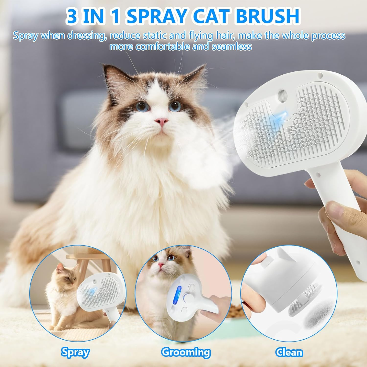Cat Brush with Steam, Cat Brush Short Hair Steam Brush Cat Spray Dog Brush for Long Hair, Skin-Friendly Cat Brush, Clean Pet Hair from the Brush with One Button image number 3