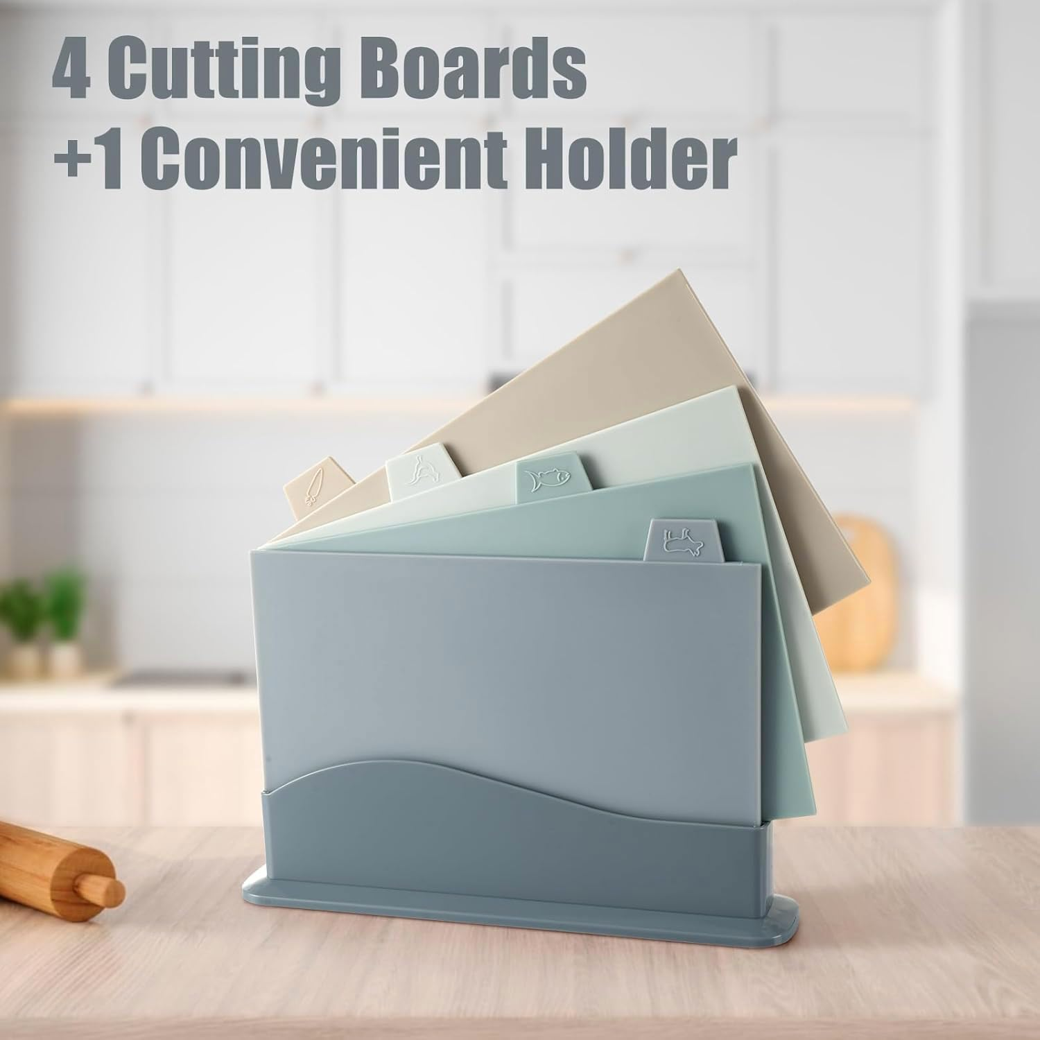 Chopping Board Set, 4Pcs Plastic Chopping Board with Storage Stand, Reversible Cutting Boards with Food Icons for Preparation of Vegetables, Meats image number 1