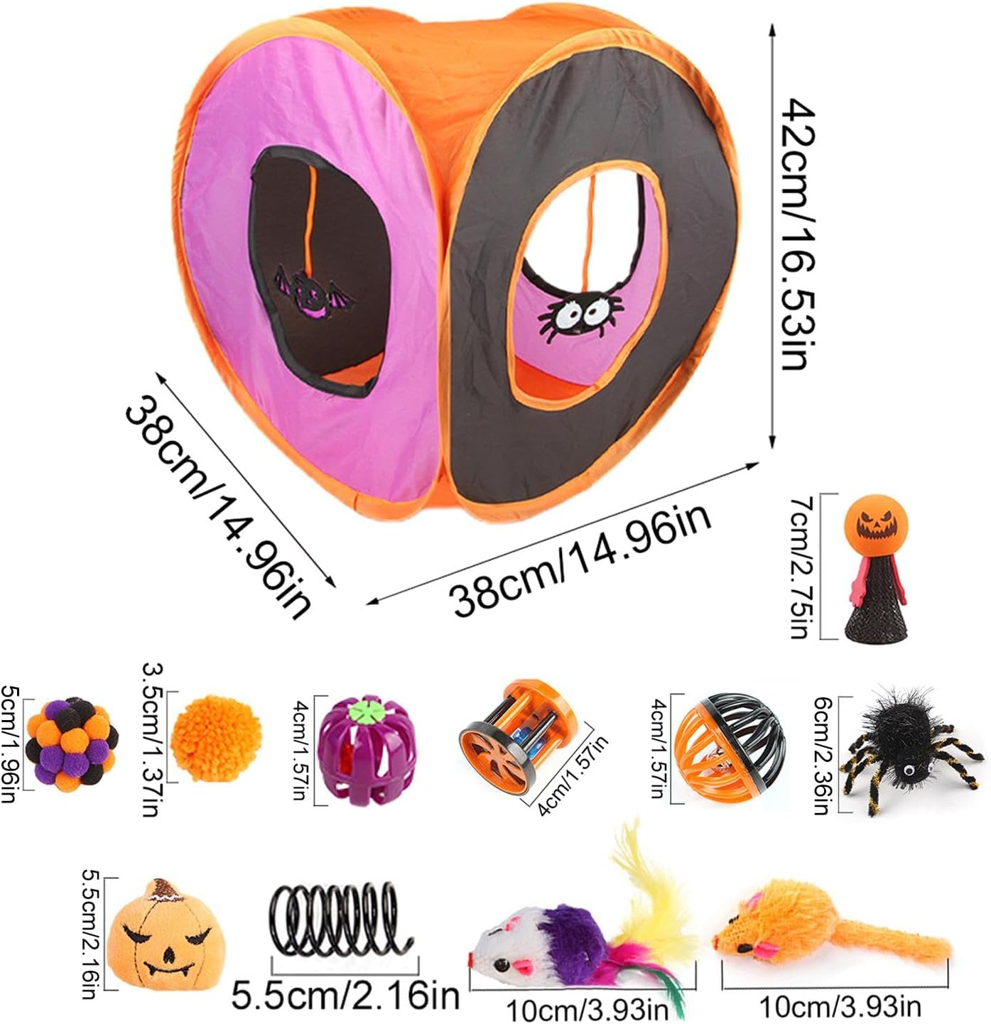 Cat Tunnel Toys Set,Cute Interactive Cat Toy Set | Halloween Cat Feather Wand Ball Spring Mice Toys, Folding Square Channel Kitten Starter Kit for Pets image number 2