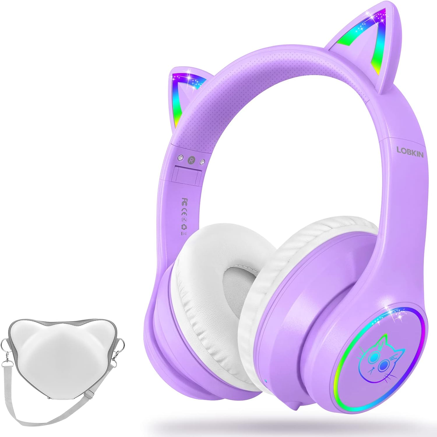 LOBKIN Bluetooth 5.4 Kids Headphones with Case - RGB LED Light up Cat Ears Foldable Adjustable On-Ear Headset Support Wireless or 3.5Mm Wired Mode for Toddler & Girls & Boys Teens (Purple) - Pink image number 6