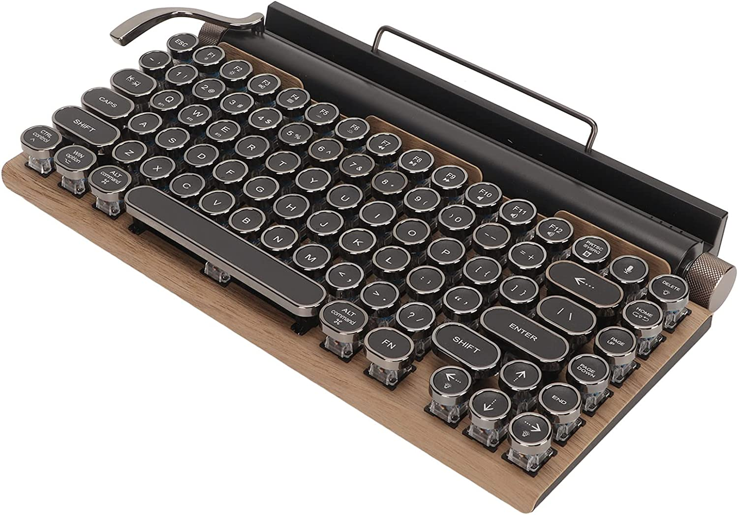Retro Typewriter Keyboard, 83 Keys Electric Typewriter Vintage with Mechanical Bluetooth 5.0, 7 Color RGB Lighting 2000Mah Keyboard with Metal round Cap for Desktop PC Laptop Phone (Wood Grain Color)