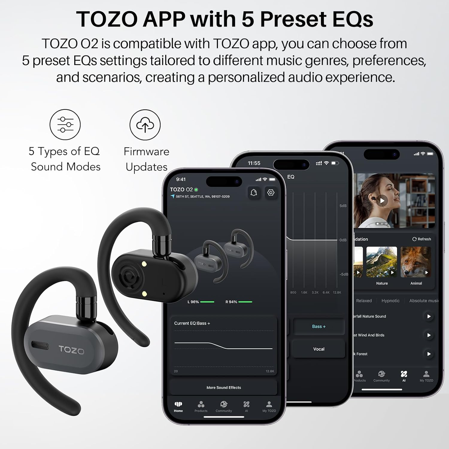 TOZO O2 Lightweight Wireless Earbuds with Multi-Angle Adjustment, True Wireless Bluetooth 5.3 Headphones with Open Ear Design for Long-Lasting Comfort, Crystal-Clear Calls for Driving, Meeting