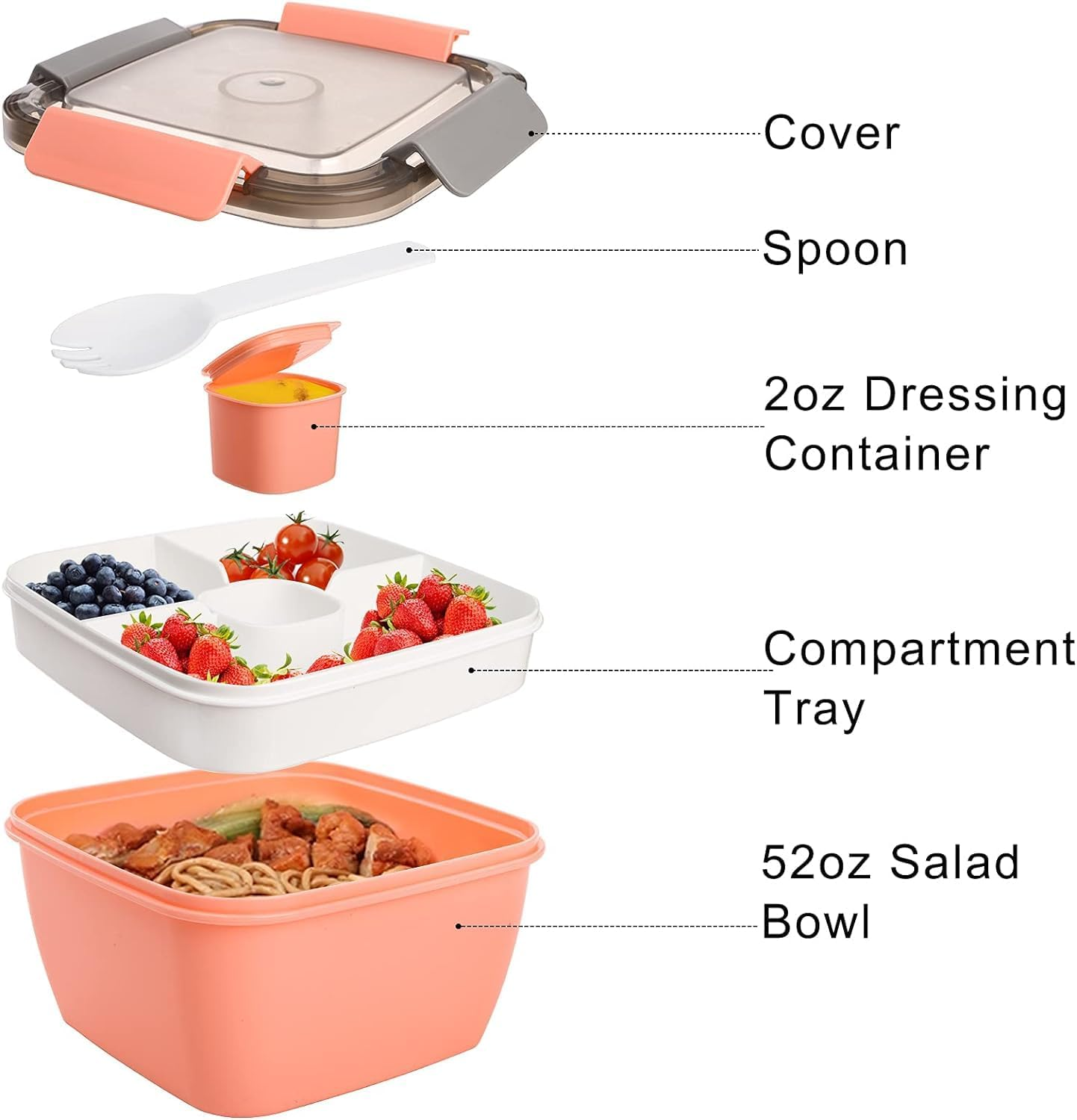 WADY Salad Bowls, Salad Lunch Container, Salad Bowls to Go for Lunch, Bento Style Food Storage with 3 Compartments for Salad, Sandwich, Snacks, Toppings & Dressing, Leak-Proof and BPA Free (Pink)