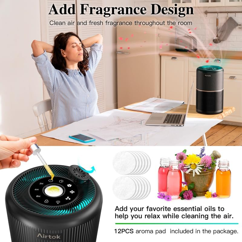 AIRTOK Hepa Air Purifier for Home Bedroom with Aromatic Sponges | 4-In-1 H13 True Hepa Air Filter for Smoke, Dust, Pollen, Pet Dander Odors, 99.97% Removal to 0.1 Microns | Ozone-Free, Night Light image number 2