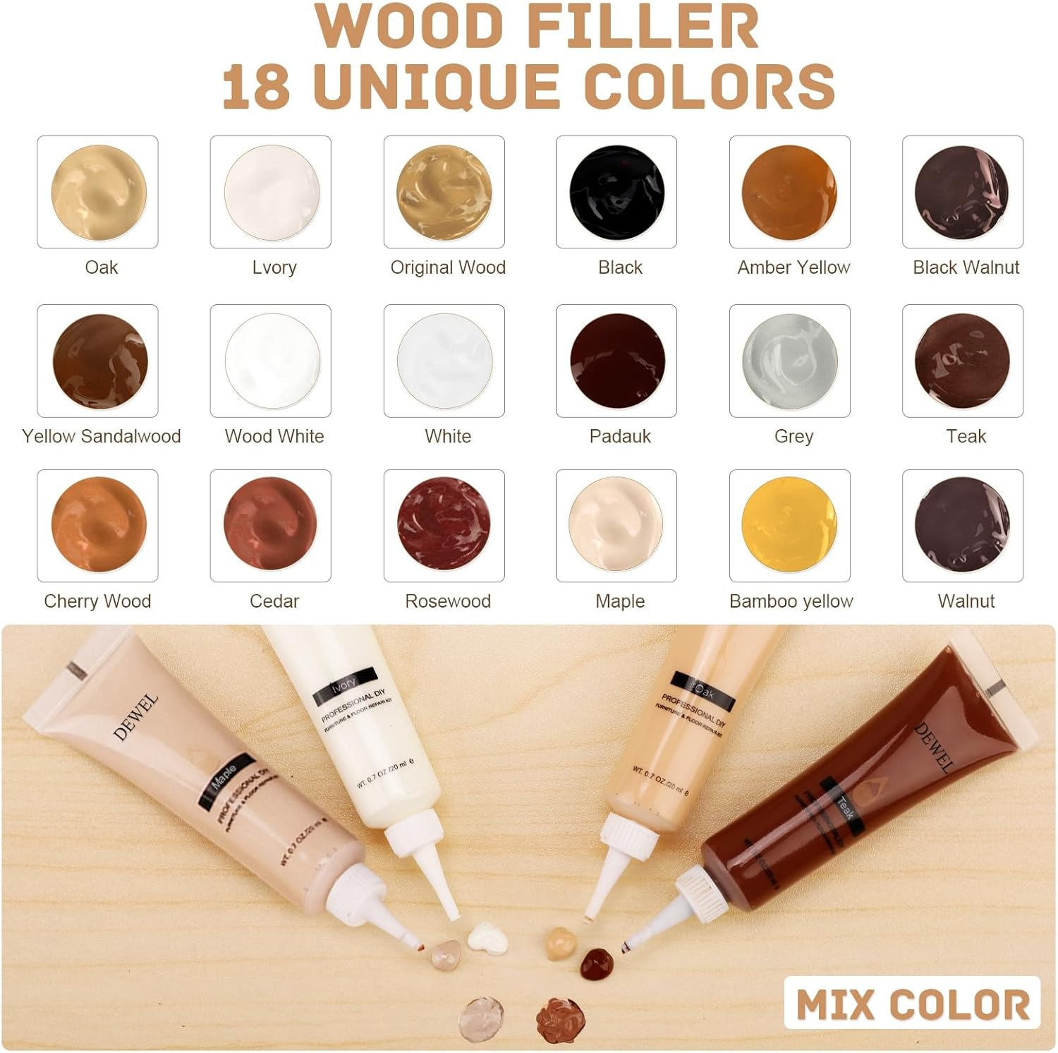 DEWEL Wood Filler, Upgrade Wood Floor and Furniture Repair Kit, 18 Colors Wood Floor Scratch Remover, Wood Putty and Wood Polish for Wood Scratches, Crack, Holes, Laminate, Cabinet, Table, Oak, Walnut image number 6