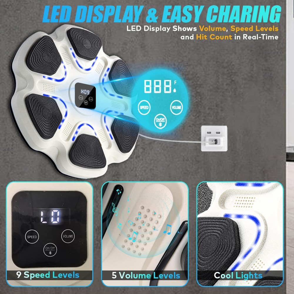 Music Boxing Machine with 2 Pairs of Gloves,Smart Bluetooth Boxing Machine,Wall-Mounted Punching Equipment with LED Display,Rechargeable Boxing Target for Kids Adults Home Gym image number 3