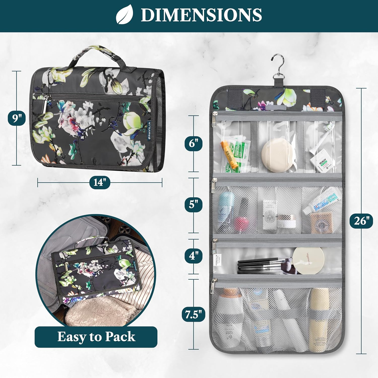 PAVILIA Hanging Toiletry Bag Women Men, Travel Kit Foldable Toiletries Organizer, Roll up Cosmetics Makeup Bag, Waterproof Essentials Jewelry Case image number 4