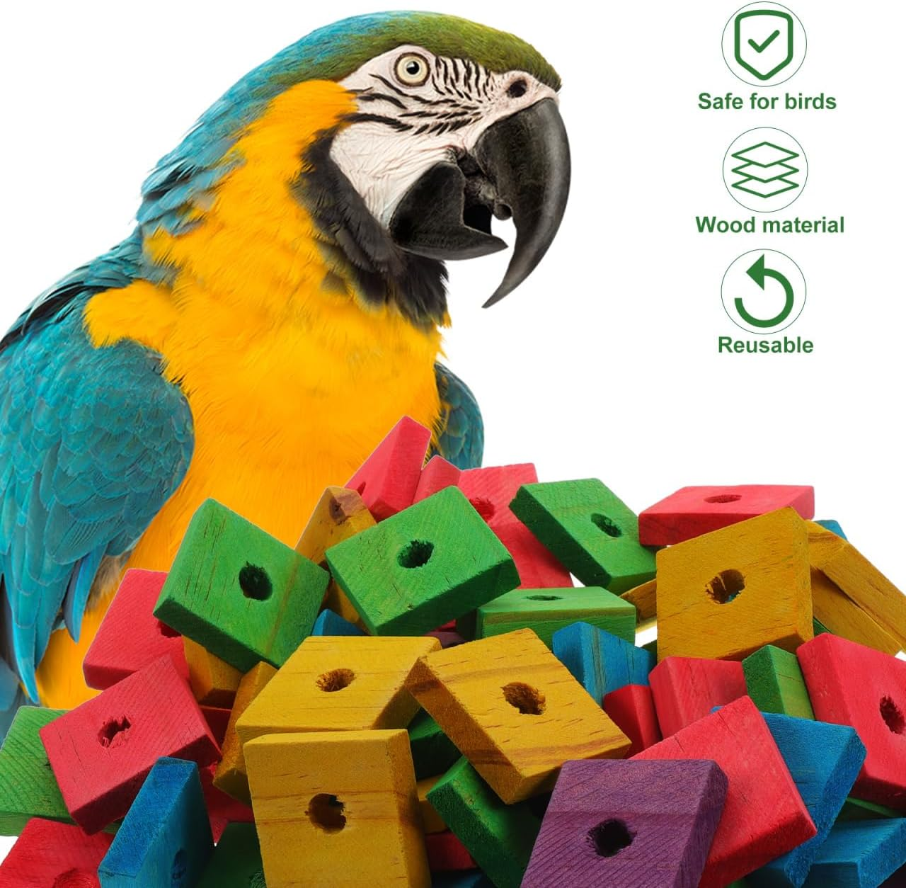 NOLITOY Bird Toys: 100 Pcs Wooden Blocks, Parrot Chew Toys Beak Trim Foot Craft Cage Parts DIY Shredding Playing for Macaw Conure African Grey Indoor Gift for Bird Lovers (Mixed Colors) image number 3