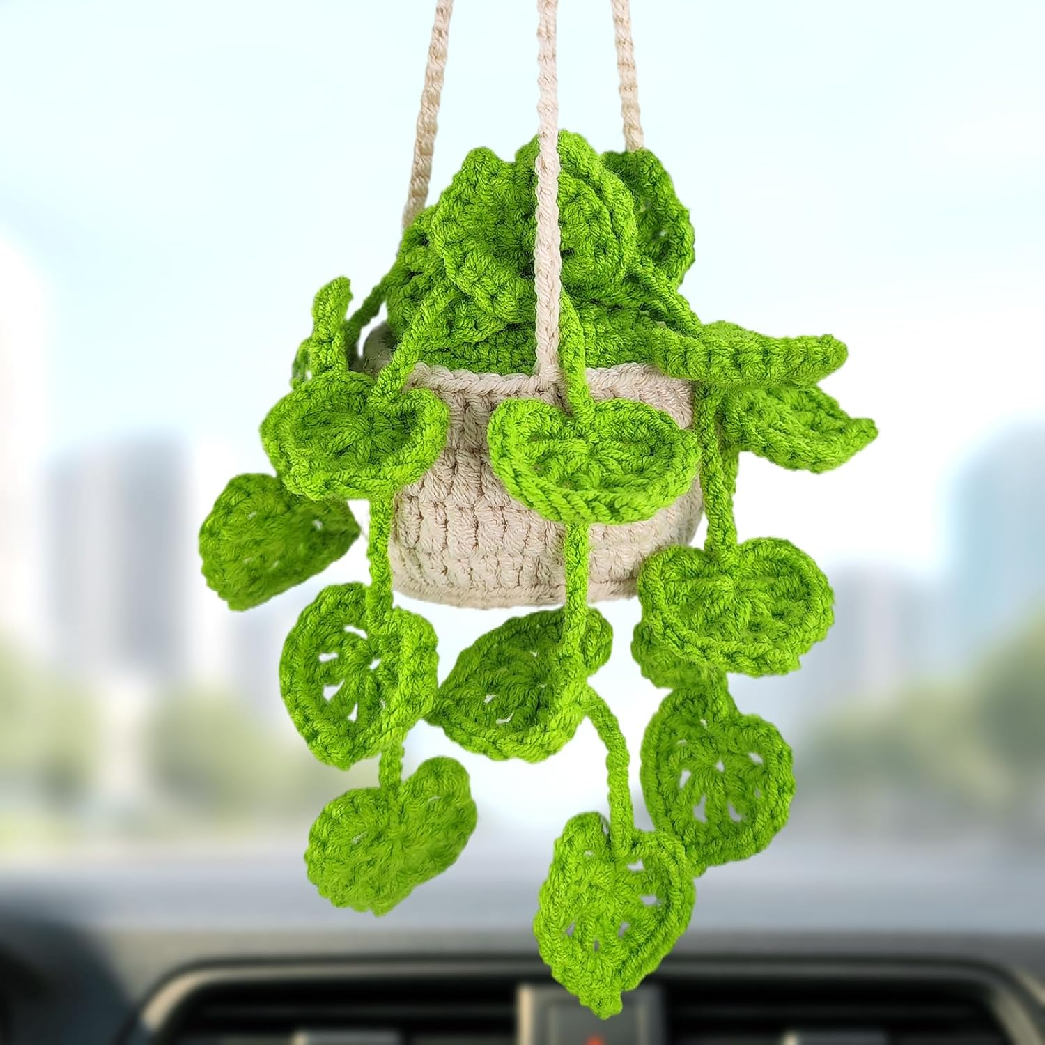 Crochet Plant Hanging Basket Car Rear View Mirror Hanging Accessories Women Interior Aesthetics Cute Handmade Knitted Girly Gift(White Flowers)