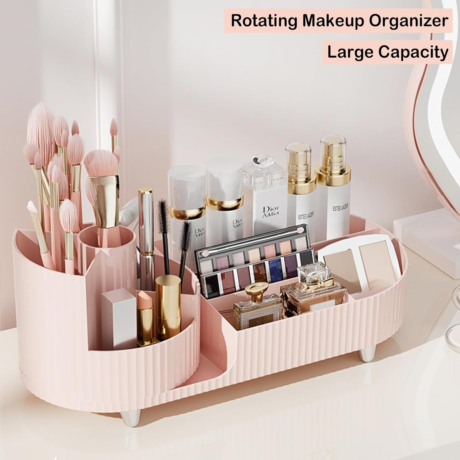 Pink Rotating Vanity Organizer with Brush Holder - Large Spinning Cosmetic Storage, Countertop Makeup & Skincare Organizer, Perfume & Lotions Display Case - 3 Layer Rotating Makeup Organizer-Brown image number 7
