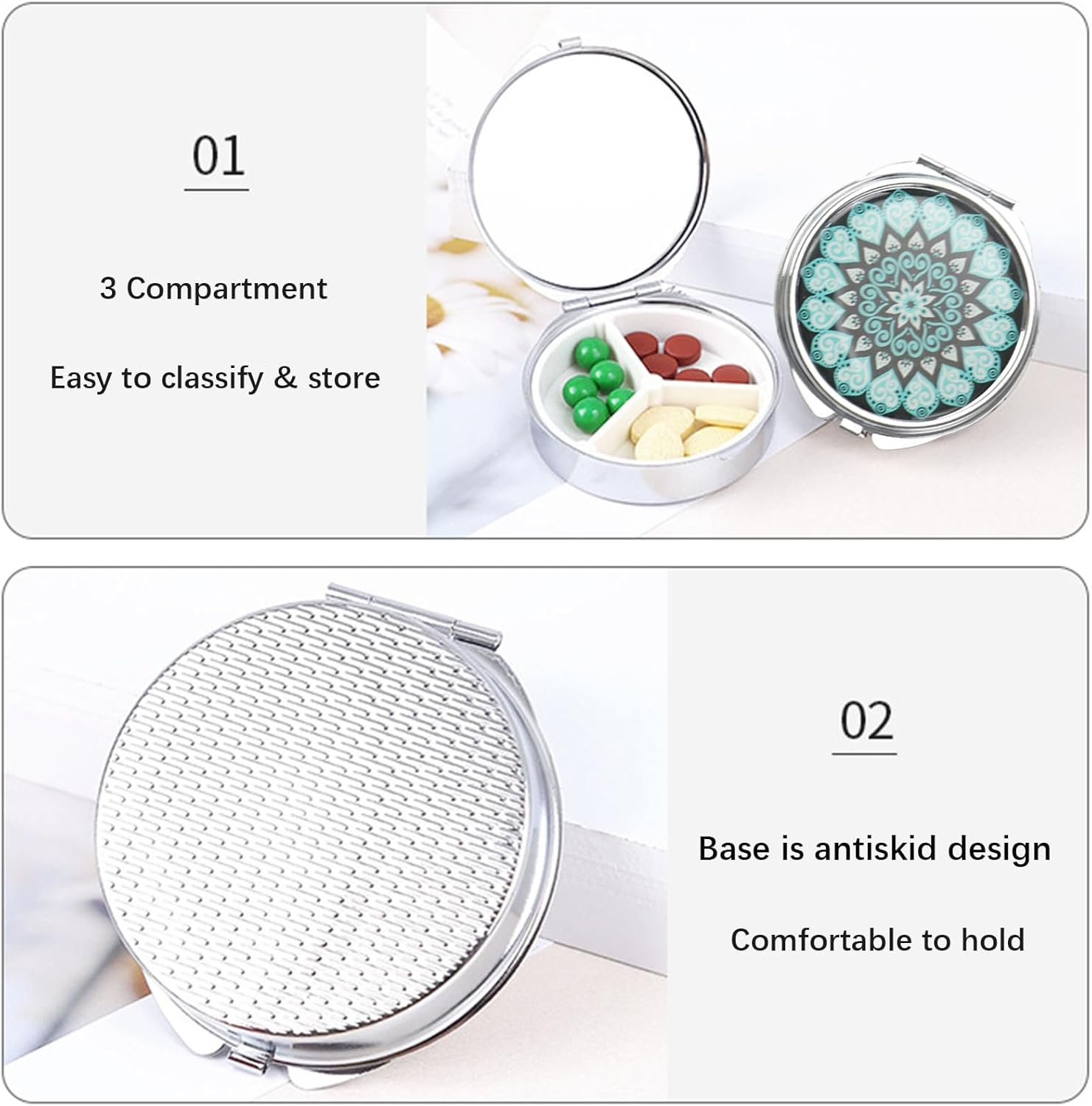 Pill Box Organiser Round, Metal Pill Holder 3 Compartment, Small Portable Pill Case for Travel Pocket Purse, Daily Pill Container with Mirror, Gift Choice (Sun&Moon) image number 1
