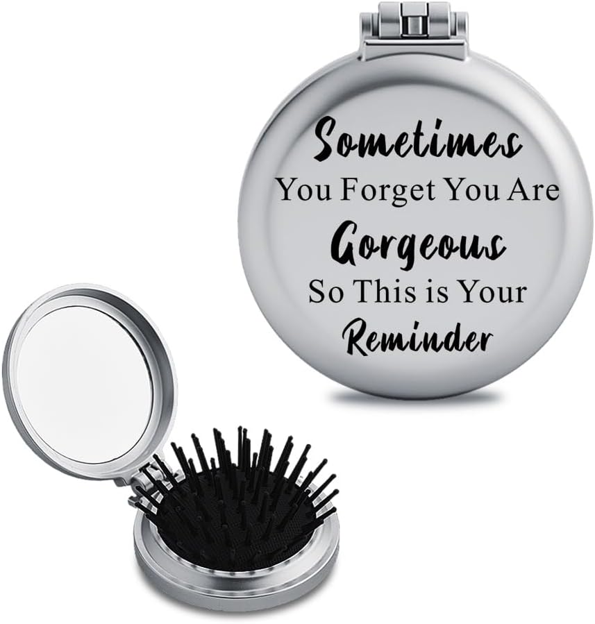 Inspirational Gifts for Best Friends Sister Coworker Foldable Compact Hair Brush round Mirror with Quotes Sometimes You Forget You Are Gorgeous Encouragement Motivational Gifts for Women Girls