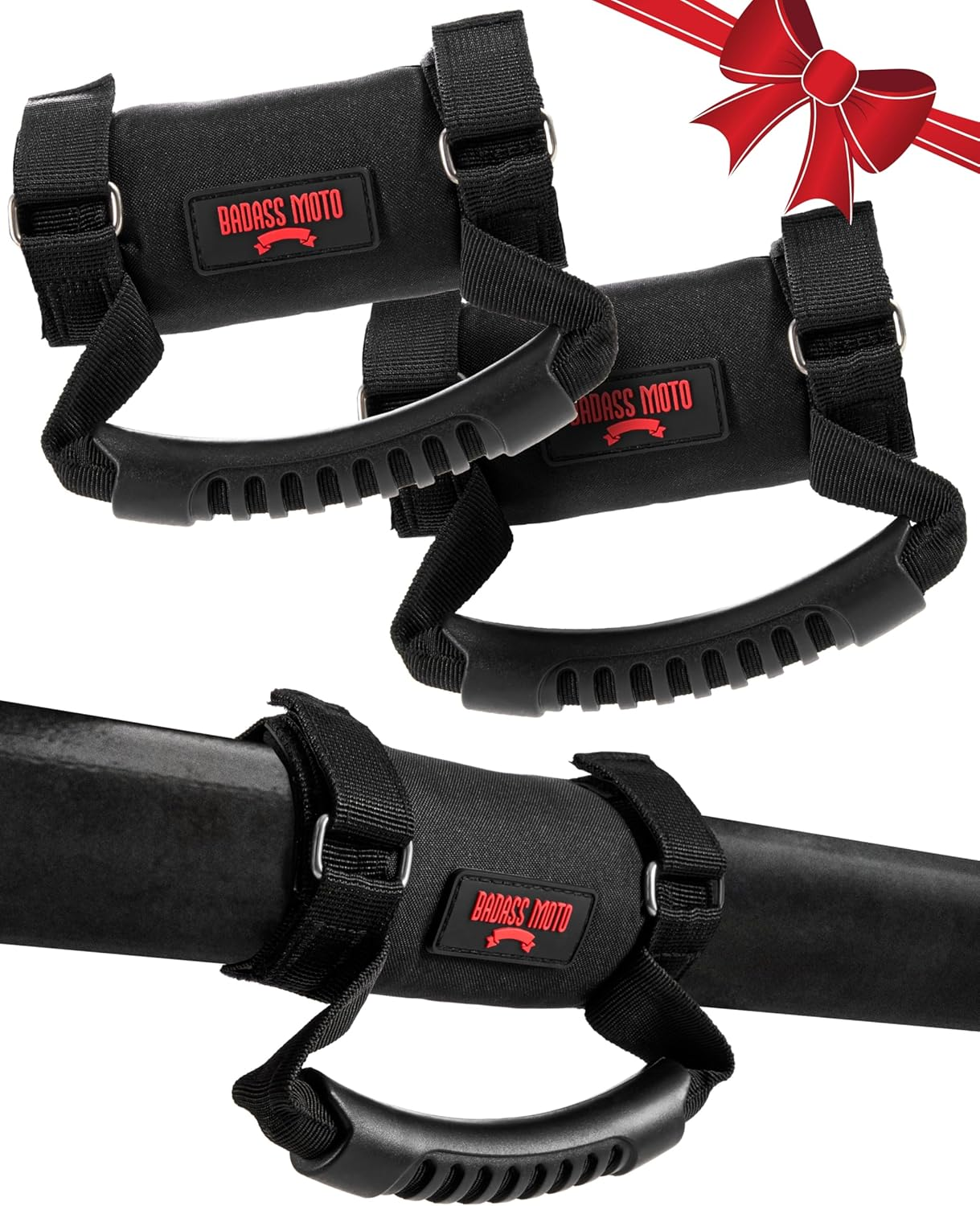 Badass Moto Roll Bar Grab Handles SXS, ATV, & UTV Grab Handles Grips for 1.5 to 2" Rollbar - Black & Red Hand Grip Grabs with Stainless Steel Buckles for Honda, Teryx, Can-Am, Polaris, Quad - 2 Pack