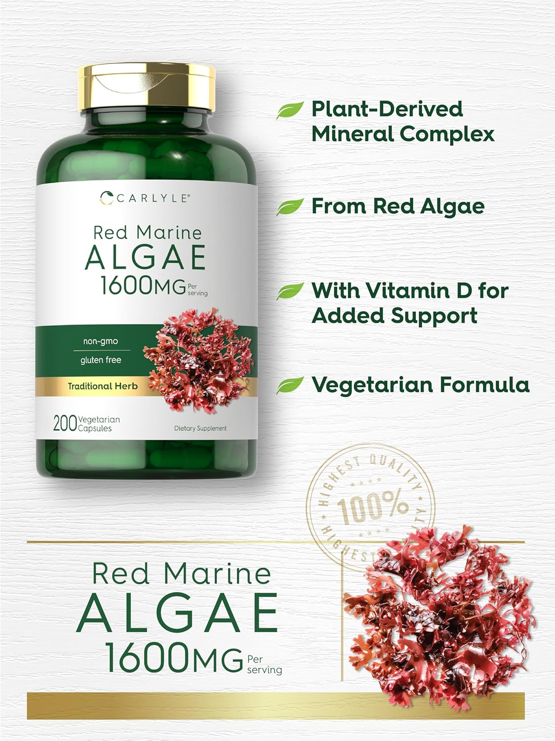 Red Marine Algae 1600Mg | 200 Capsules | Vegetarian Supplement | Non-Gmo, Gluten Free | by Carlyle image number 4