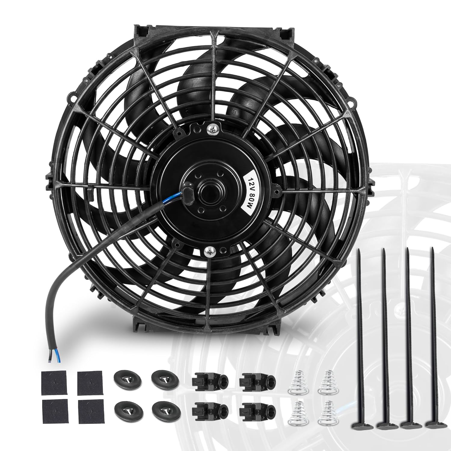 12 Inch 12&rdquo; Black Universal Electric Radiator Slim Fan 12V 80W High Performance Cooling Push Pull W/Mounting Kit 1PCS