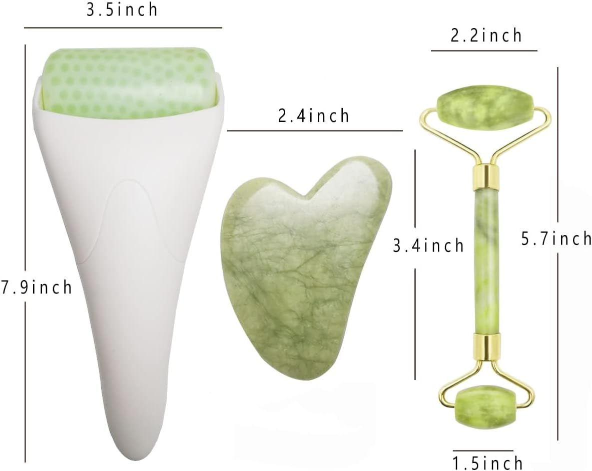 3 in 1 Ficial Face Ice Jade Roller and Gua Sha Tool, Jade Anti-Wrinkle Face Eye Neck Massager Tool, Reduce Wrinkles Puffiness Migraine Redness Pain Injury image number 2