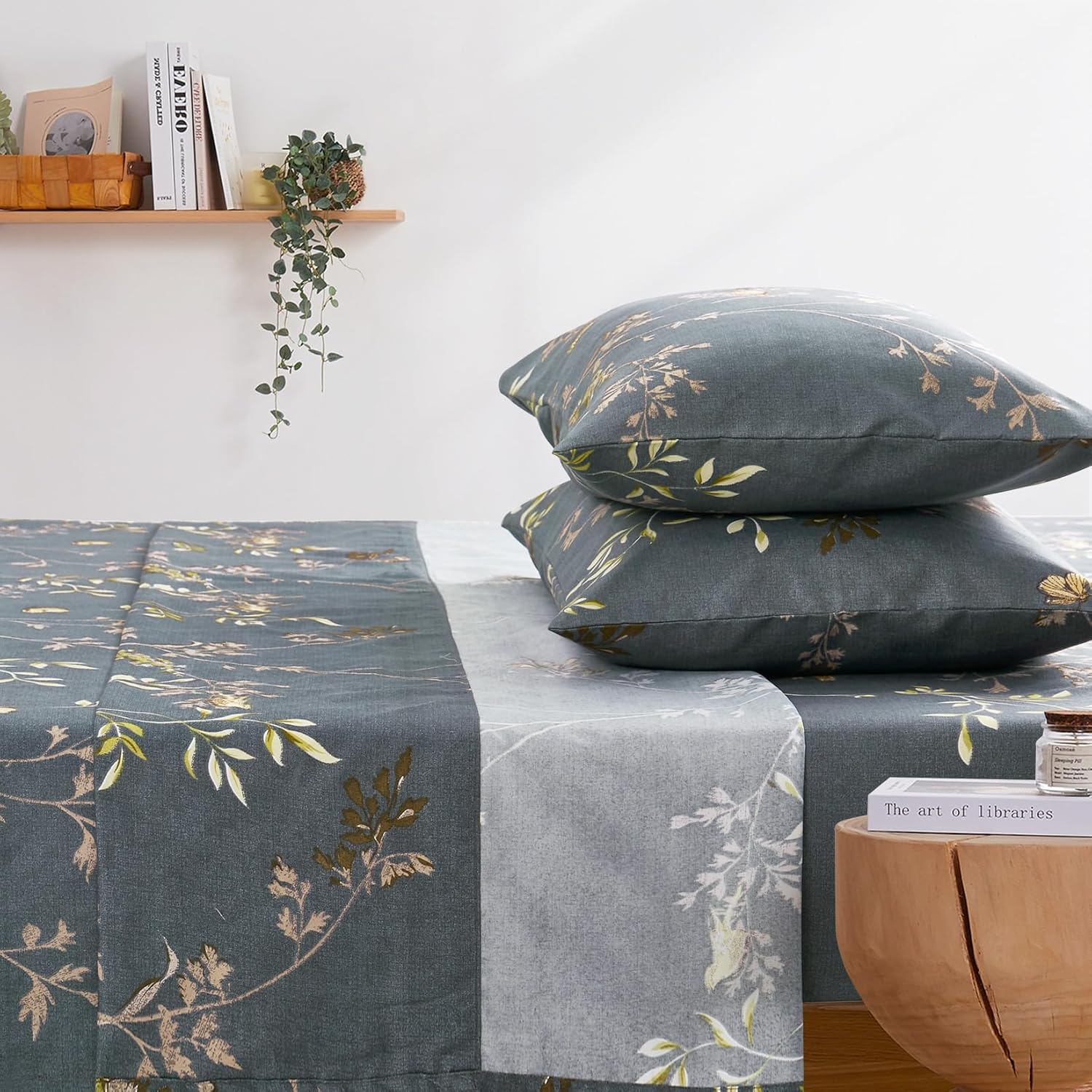 Wake in Cloud - Floral Bed Sheets Set, Soft Microfiber Botanical Flowers Pattern Printed Bedding, Extra Deep Fitted Sheet & Flat Sheet & 2 Pillowcases, 4Pcs, Birds Grey, King Size image number 3