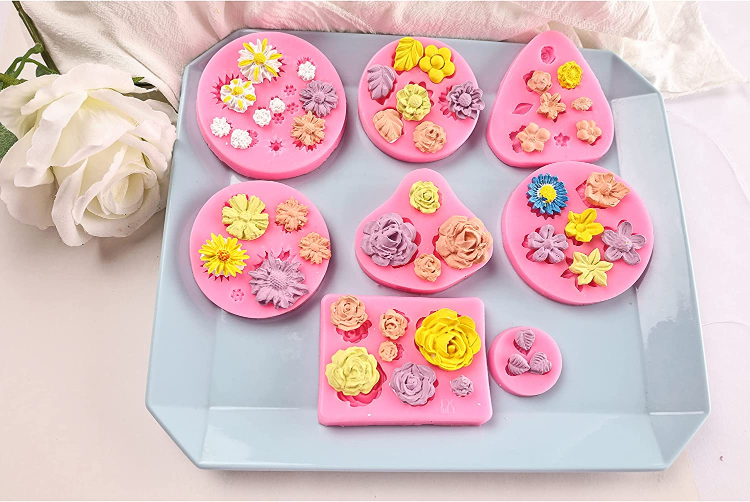 Flower Fondant Cake Molds-8 Pcs-Daisy, Rose, Chrysanthemum and Small Flower Leaf, Candy Silicone Molds for Chocolate Fondant Polymer Clay Soap Crafting Projects & Cake Decoration image number 5