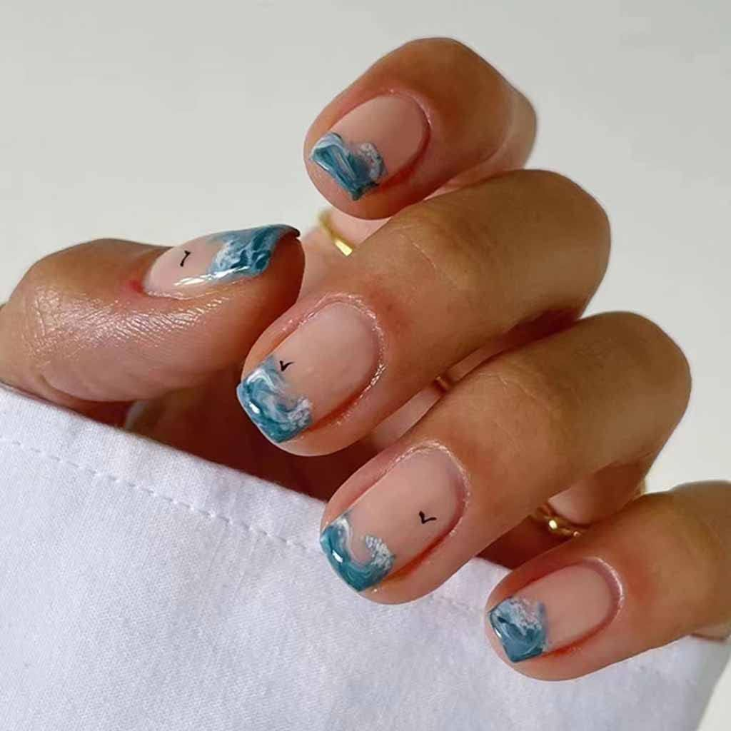 Rikview French Tip Press on Nails Short Square Stick on Nails 24 Pcs Blue Waves Design image number 3