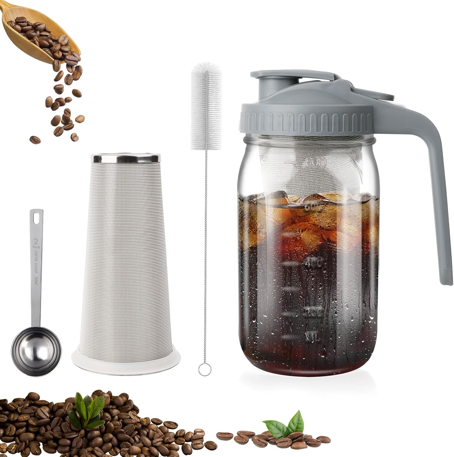 Cnsndqedke Cold Brew Coffee Maker, 32 Oz Wide Mouth Mason Jar Pitcher with Stainless Steel Filter, Pour Spout Handle Lid, Heavy Duty Glass Airtight & Leak-Proof Pitcher for Iced Coffee & Tea Lemonade image number 2
