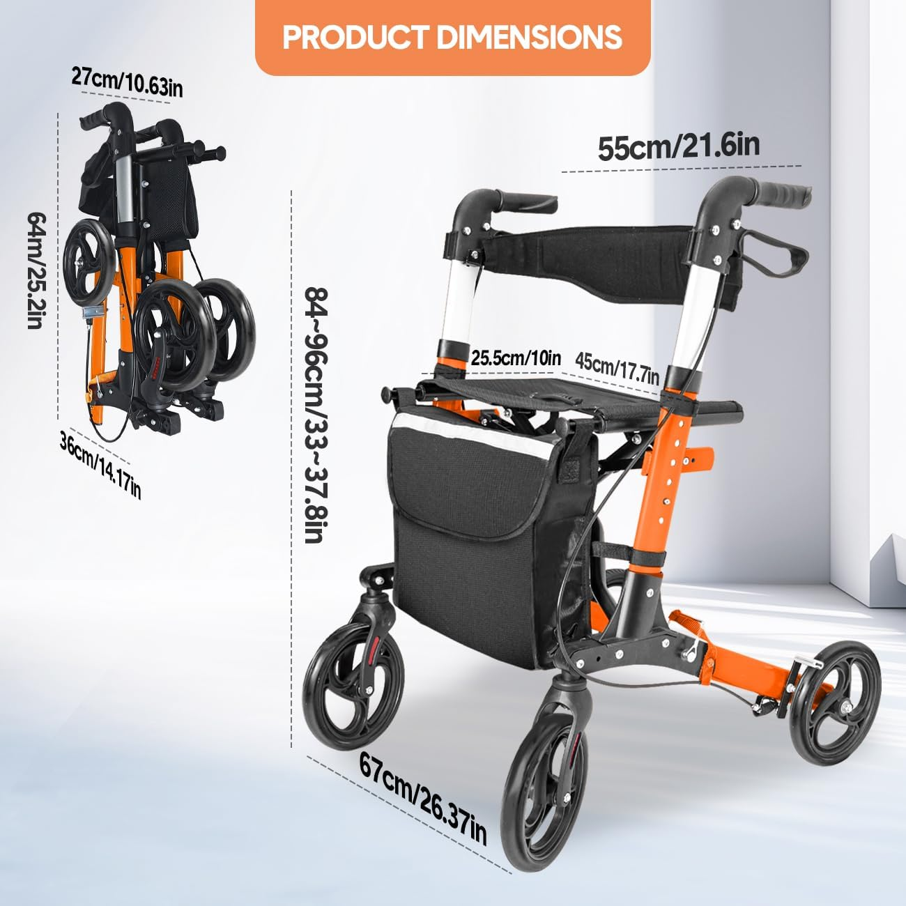 Rollator Walker with Seat, 4 Large Wheels, Height Adjustable Mobility Walking Aid Support for Senior, Foldable with Brakes Orange image number 5