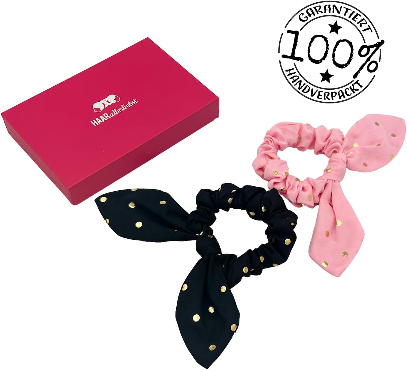 Haarallerliebst Scunchies Hair Bobbles (Bow with Polka Dots | Pink and Black | Pack of 2) for Girls with Storage Box image number 5