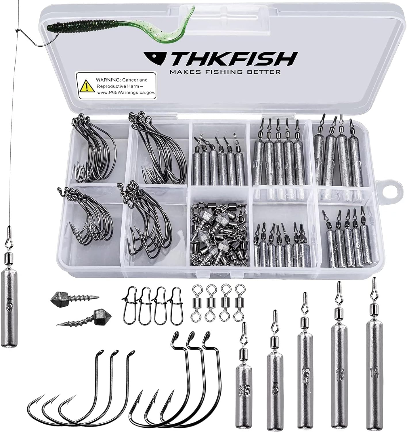 THKFISH Fishing Weights Fishing Sinker Drop Shot Weights Fishing Weights Kit Drop Shot Rig Wacky Hooks Offset Hooks Fishing Tackle 28Pcs 103Pcs