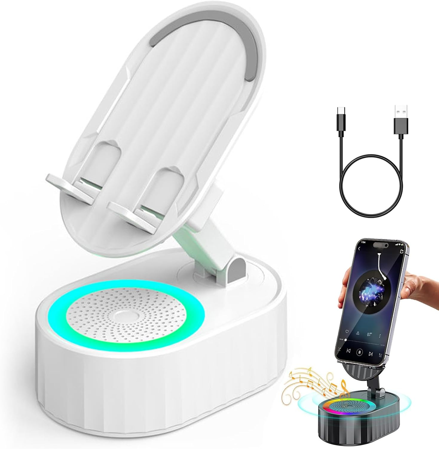 Mobile Phone Stand with Induction Speaker/Power Bank/Atmosphere Light, Bluetooth Speaker with Mobile Phone Stand, Foldable Mobile Phone Holder with LED Light, Gifts for Women and Men (White) image number 3