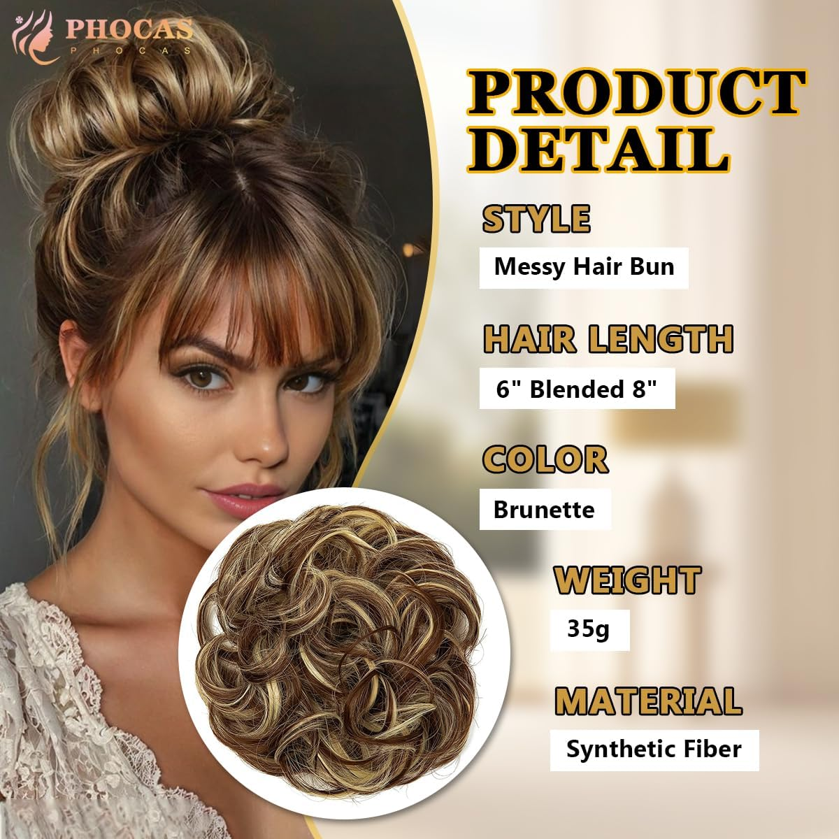 PHOCAS Messy Buns Hair Pieces for Women Curly Bun Hair Piece Fluffy Bun Extensions for Women(Highlightbrown) Daily Use image number 1
