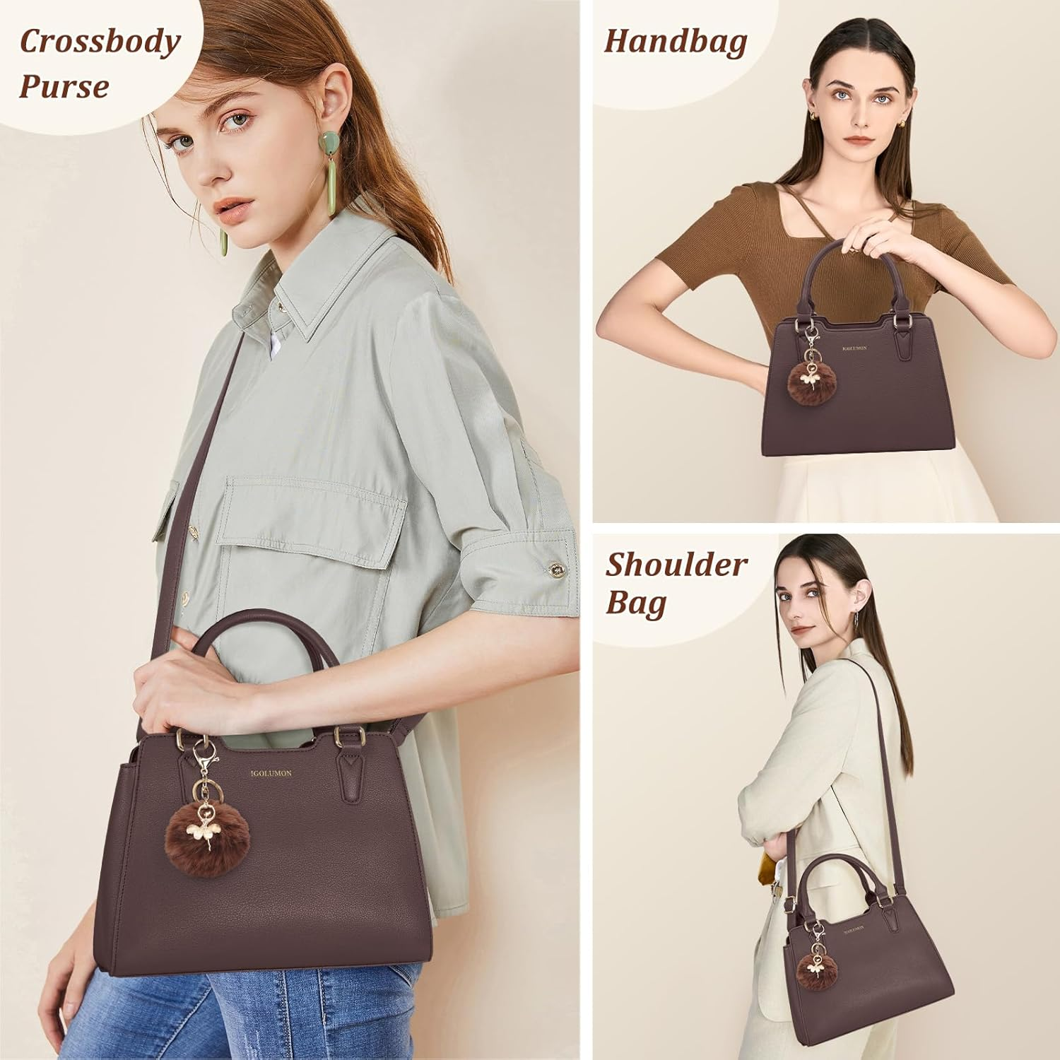 IGOLUMON Women'S Top-Handle Handbags PU Vegan Leather Satchel Purses for Women Designer Tote Purse Handbag with Cute Pompom image number 2