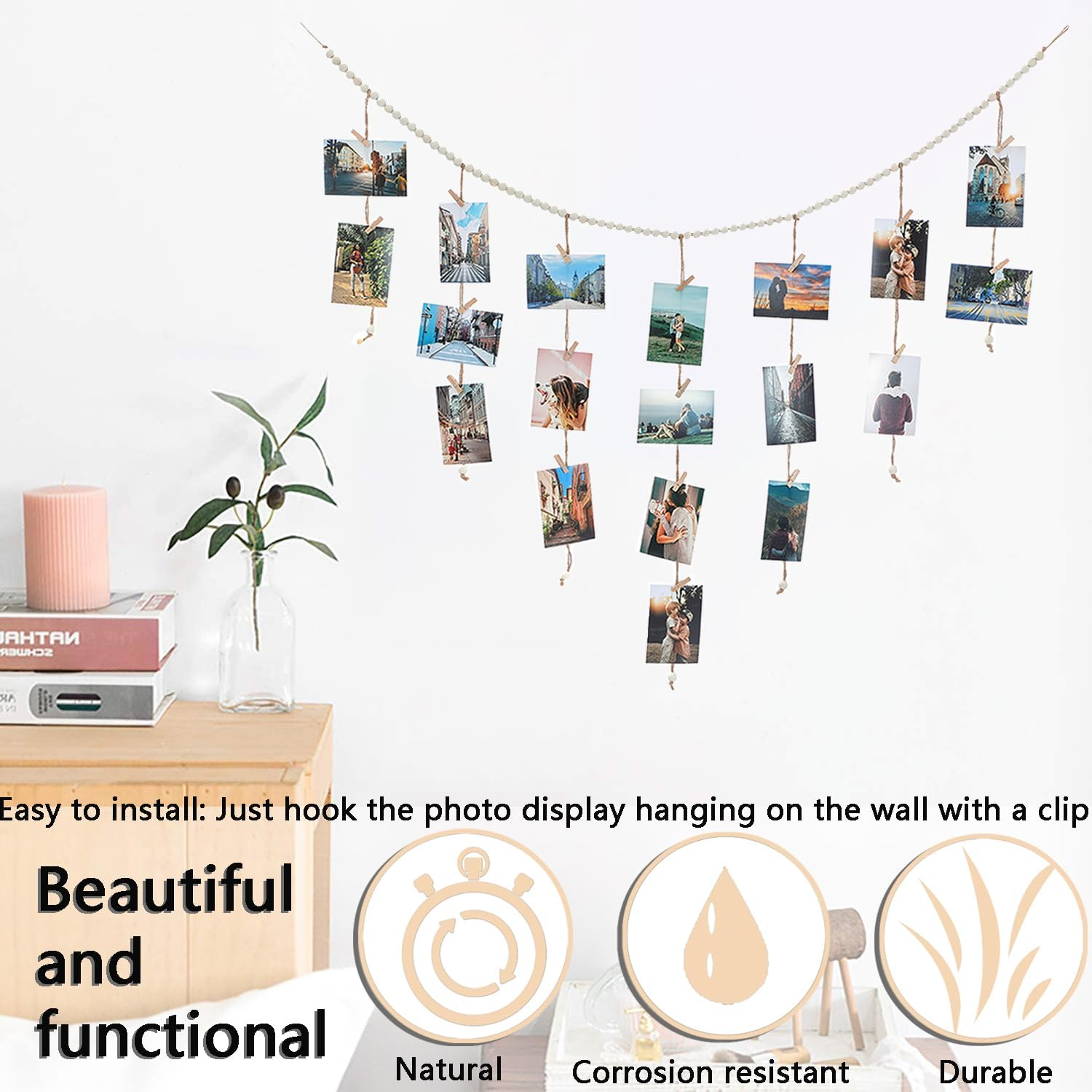 Boho Style Hanging Photo Display with 30 Clips for Bedroom, Living Room, Dorm Wall Decor DIY Picture Collage Board Wall Mounted Photo Display Rope (1) image number 2