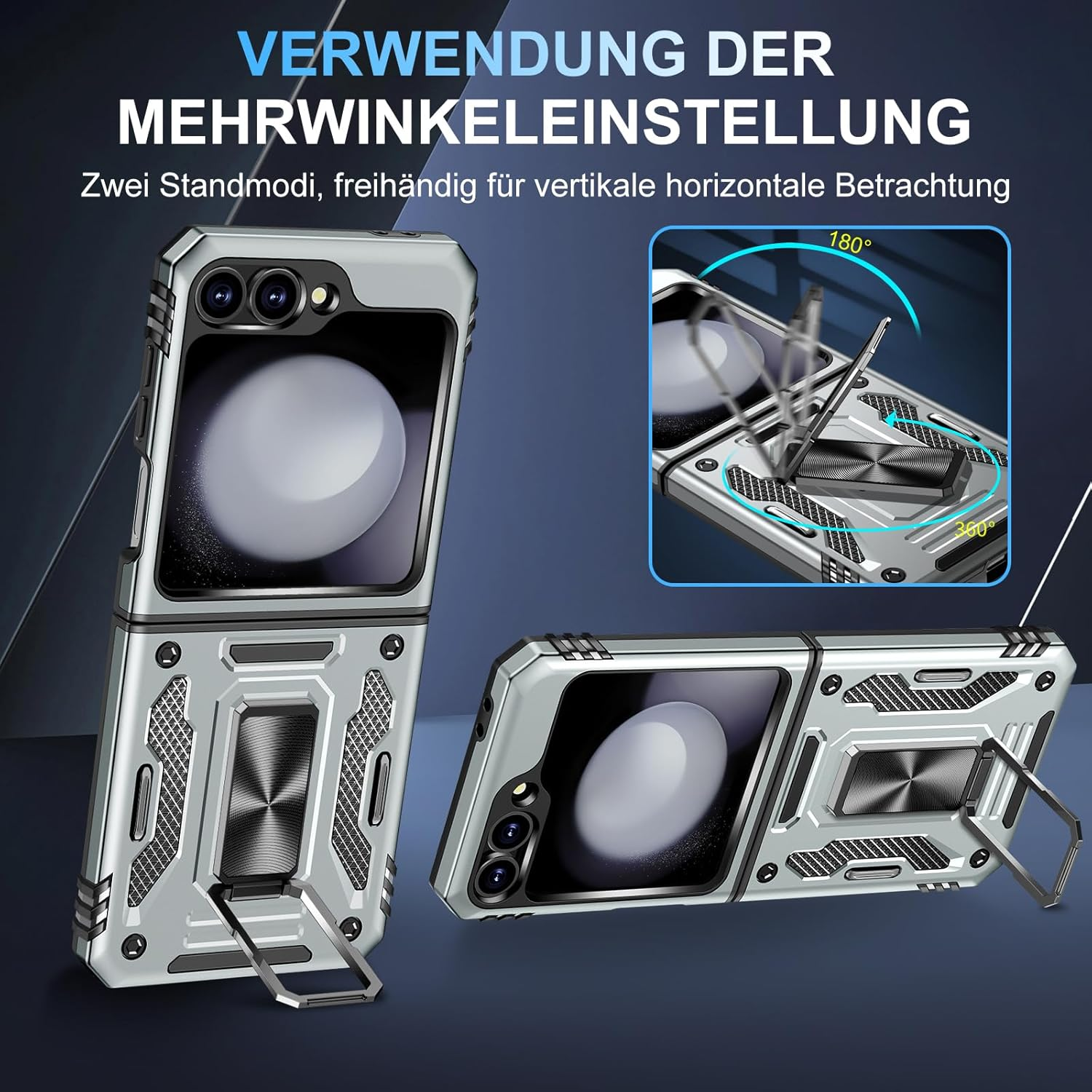 Mobile Phone Case for Samsung Galaxy Z Flip 5 Case with Slide Camera with Camera Protection Galaxy Z Flip 5 Protective Case 360&deg; Rotating Metal Ring Stand Shockproof for Samsung Z Flip 5 5G (Grey) image number 1