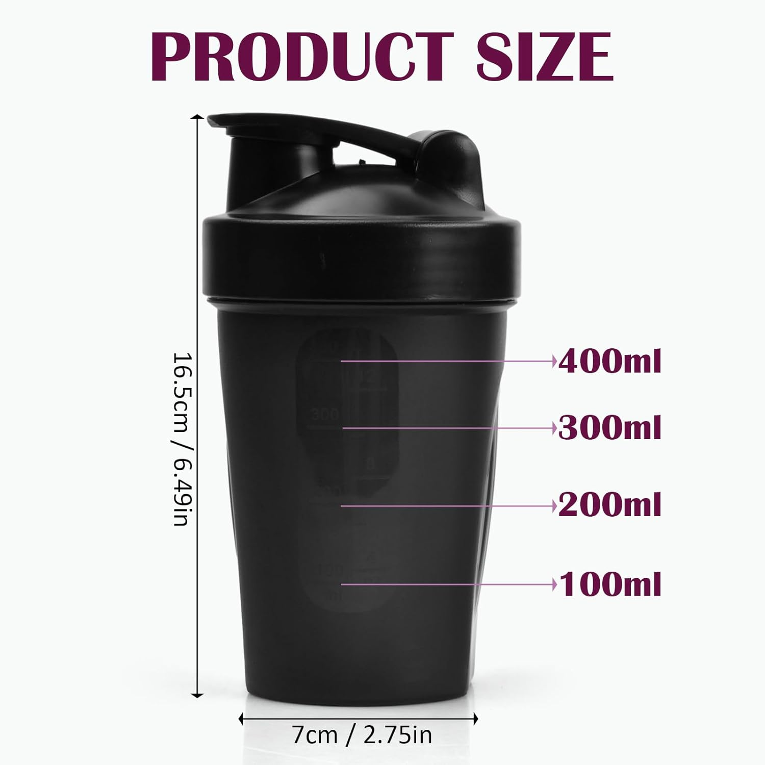 Set of 2 Protein Shaker Bottle 400 Ml Water Bottle Blender Pour Leakage -Proof with Blender Ball Drinking Bottle Bpa Free Nutrition Protein Shaker for Creamy Whey Protein Powder Shakes, Black + Purple image number 1