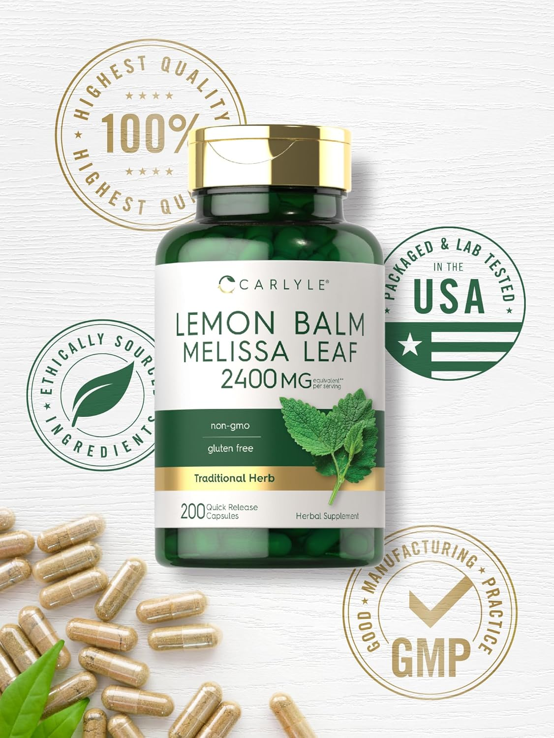 Lemon Balm | 2400Mg| 200 Capsules | Non-Gmo and Gluten Free Formula | Melissa Leaf Traditional Herbal Supplement | by Carlyle image number 1