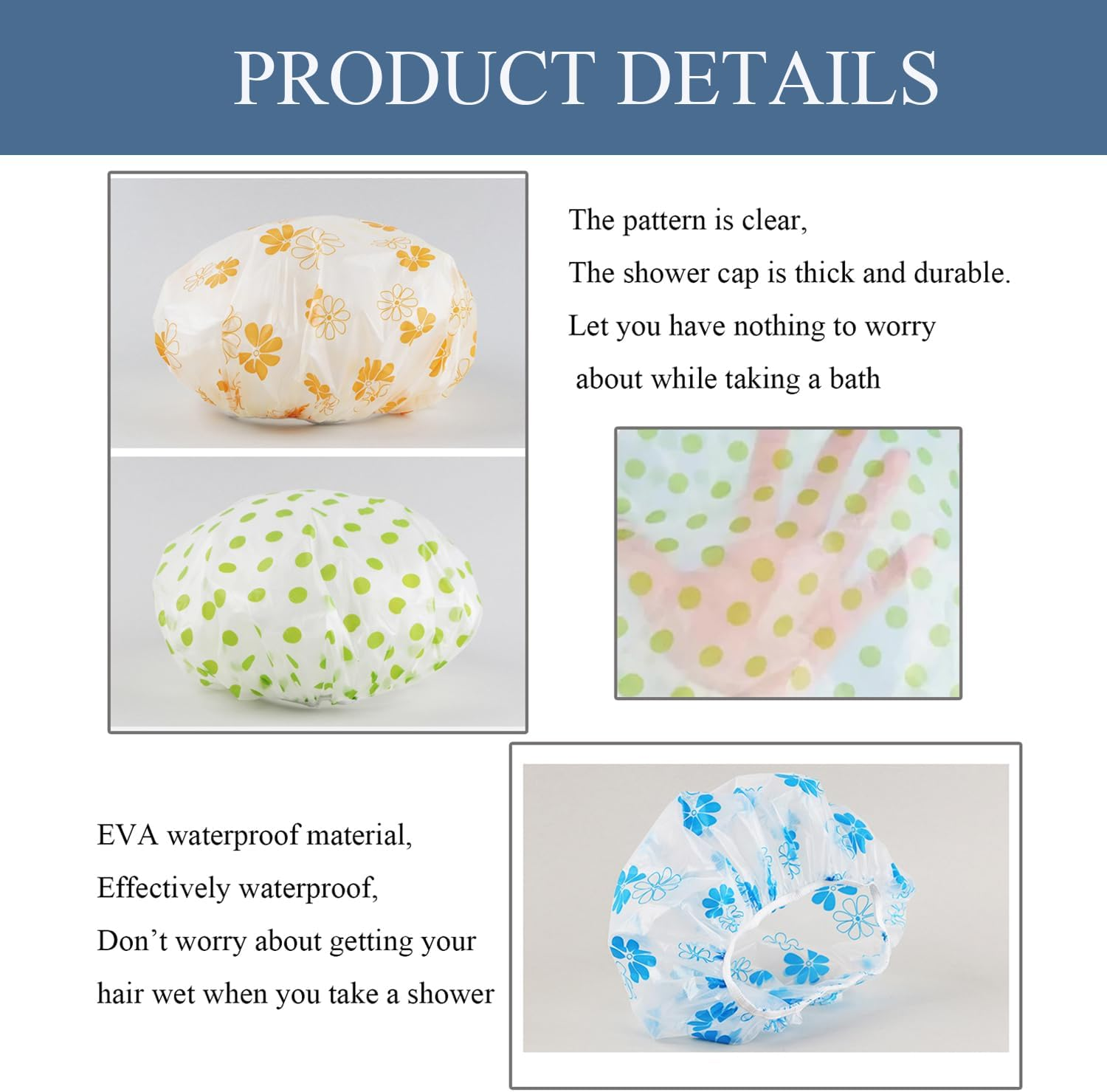 Xinghonyac 6 Pcs Shower Caps, Reusable Waterproof Shower Caps with Elastic Band for Facial Care, Bathing, Spa image number 3