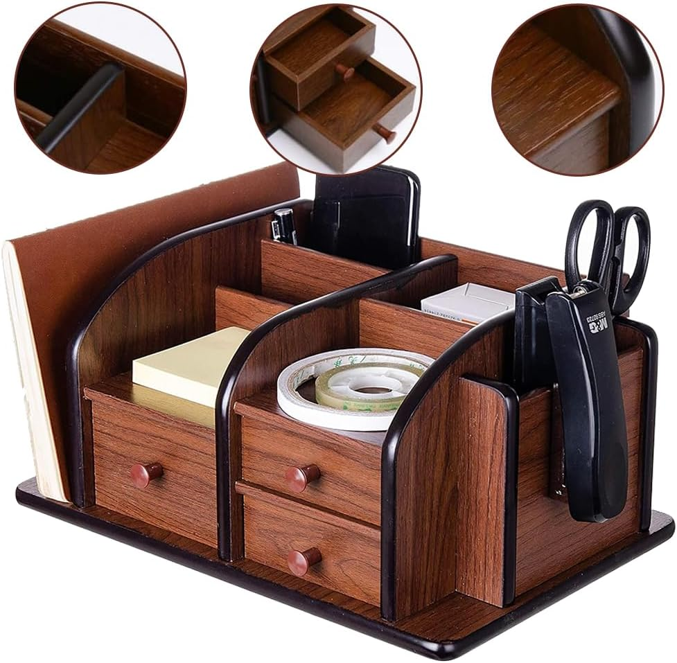 Brown Wooden Desktop Organizer,Wood Office Desk Organizer,Pencil Storage Rack,Large Capacity Drawer,Brown Desktop Accessories,For Kitchen,Desk,Classroom, O0Ffice,Daily Storage image number 1