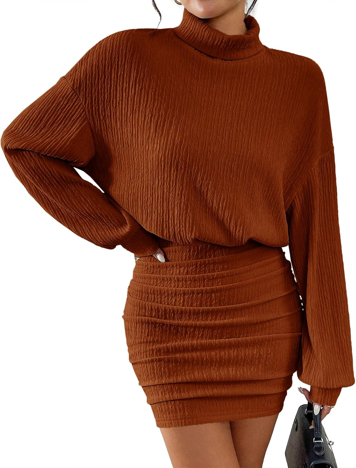 MITILLY Fall 2025 Long Sleeve Mini Dress for Women Formal Elegant Pullover Turtleneck Ruched Bodycon Short Dresses