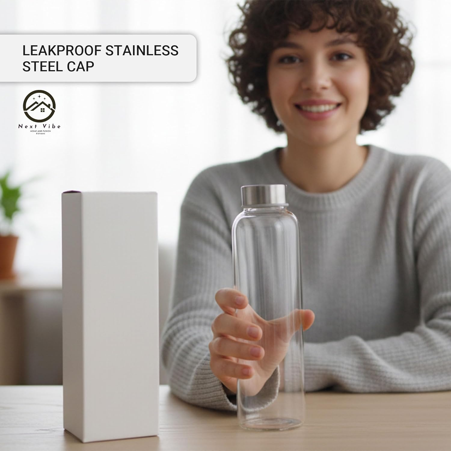 Next Vibe - Glass Water Bottle 500 Ml &ndash; Bpa-Free Reusable Drinking Bottle with Leak-Proof Lid & Protective Sleeve &ndash; Eco-Friendly, Durable,High Borosilicate Glass with Stainless Steel Lid image number 5