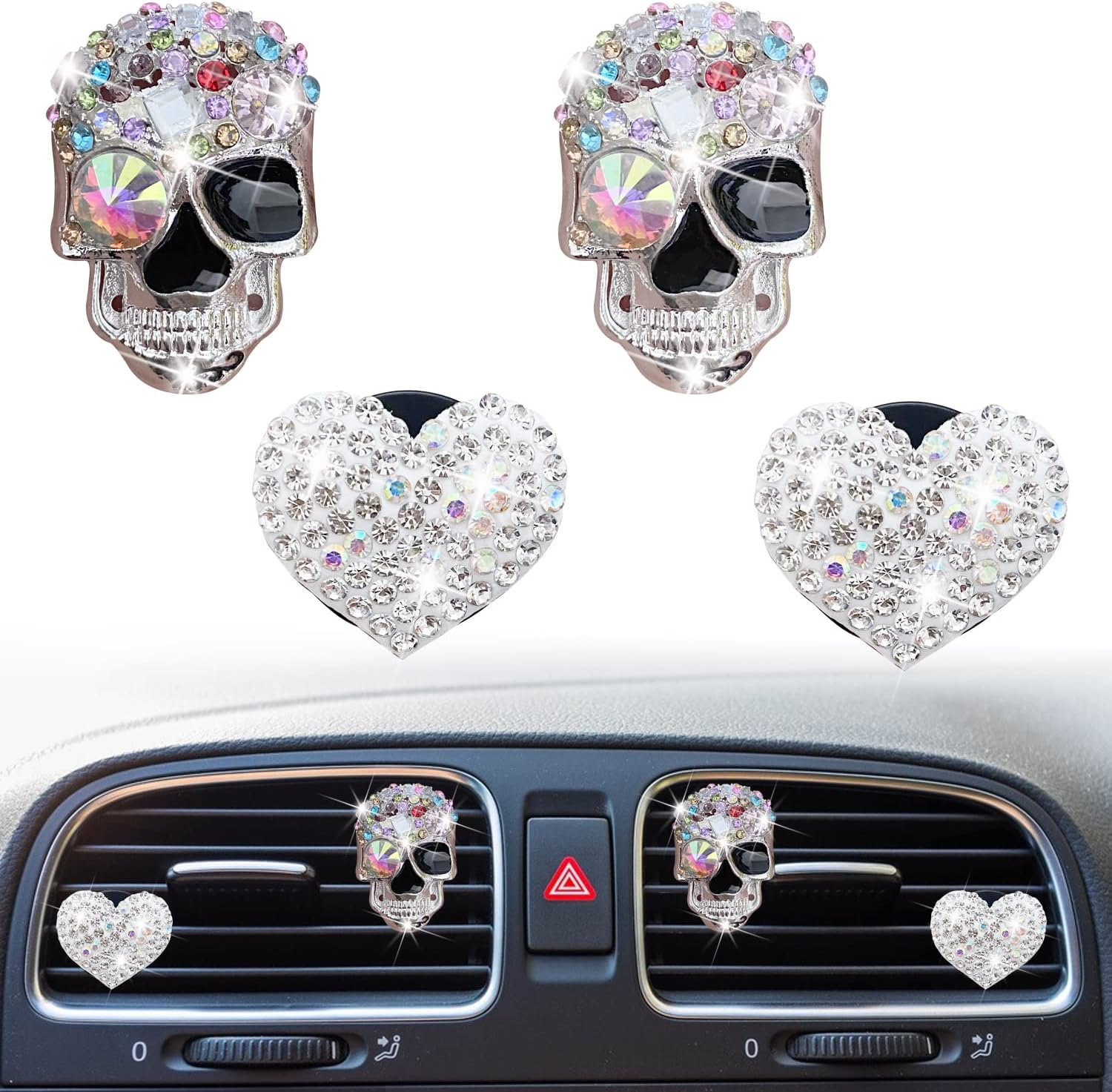 Bling Skull & Heart Air Vent Clips, 4 Pcs Crystal Skull Car Air Fresheners Vent Clips Car Diffuser Vent Clip Rhinestone Diamond Car Decoration Car Interior Decor Bling Car Accessories for Women image number 1