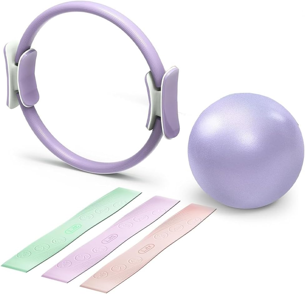 Yoga Ring Set, Transformable Magic Circle with Dual Padded Handles, Mini Yoga Ball, and Resistance Bands (15, 25, and 35 Lbs) for Developing Strength, Flexibility, Stability, and Toning