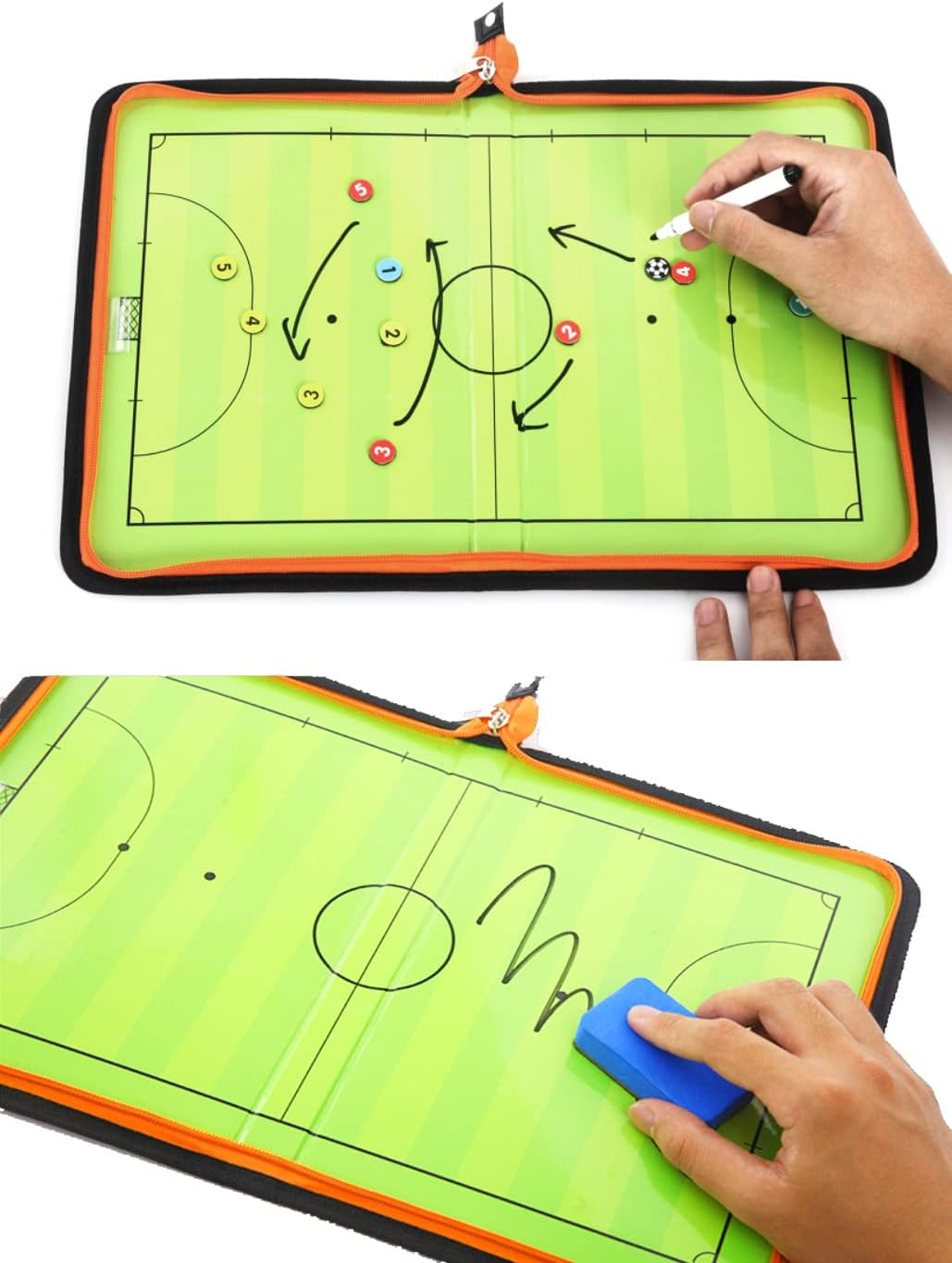 Foldable Futsal Coaching Board Set with Magnetic Number Pieces, Marker Pen, Marker Eraser, Indoor Football Five-A-Side Soccer Color Full Court Zipper Design Strategy Board Training Aid image number 1